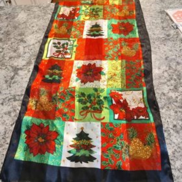 Christmas Scarf Oblong 13x56 Red Green Fun Poinsettia Trees Kim Rodgers - Picture 2 of 6